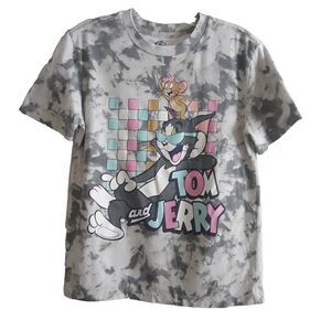 Tom & Jerry Graphic Cartoon T Shirt Women XS Gray Pink Acid Wash Short Sleeves